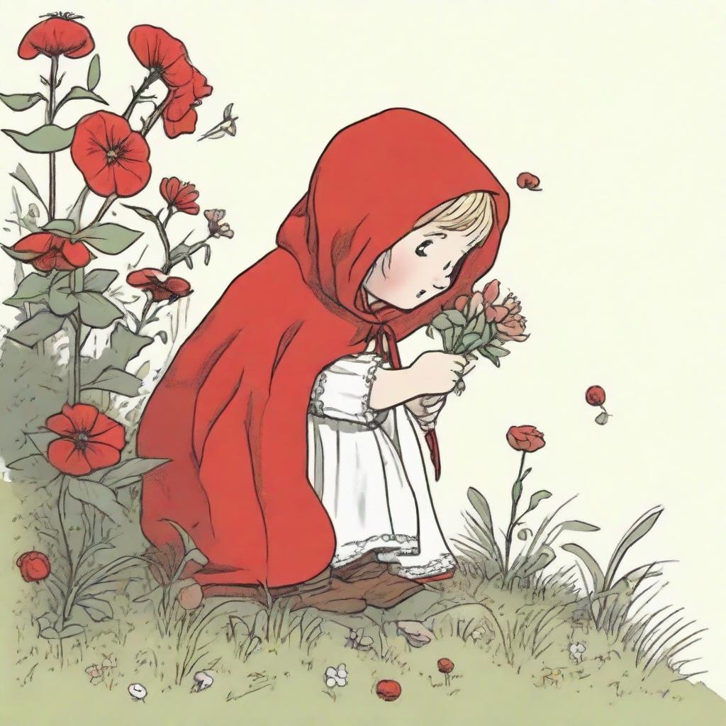 Little Red Riding Hood crouching down to pick flowers, illustrated from a side view.