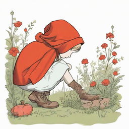 Little Red Riding Hood crouching down to pick flowers, illustrated from a side view.