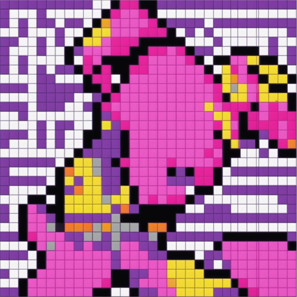 A 32x32 pixel art image of Kid Buu from Dragon Ball Z, colored predominantly in shades of purple, with black and gray for his clothing, and yellow and white accents