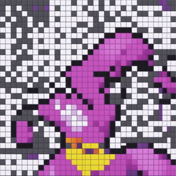 A 32x32 pixel art image of Kid Buu from Dragon Ball Z, colored predominantly in shades of purple, with black and gray for his clothing, and yellow and white accents