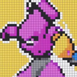 A 32x32 pixel art image of Kid Buu from Dragon Ball Z, colored predominantly in shades of purple, with black and gray for his clothing, and yellow and white accents