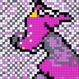 A 32x32 pixel art image of Kid Buu from Dragon Ball Z, colored predominantly in shades of purple, with black and gray for his clothing, and yellow and white accents