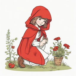 Little Red Riding Hood crouching down to pick flowers, illustrated from a side view.