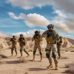 A group of Mexican Special Forces soldiers in full tactical gear, amidst a desert under an azure sky with voluminous clouds. Their expressions hold the intense determination of their mission.