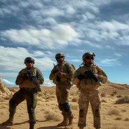 A group of Mexican Special Forces soldiers in full tactical gear, amidst a desert under an azure sky with voluminous clouds. Their expressions hold the intense determination of their mission.