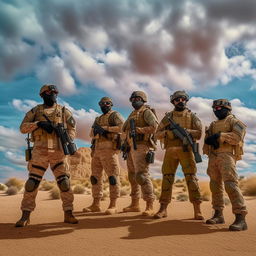 A group of Mexican Special Forces soldiers in full tactical gear, amidst a desert under an azure sky with voluminous clouds. Their expressions hold the intense determination of their mission.