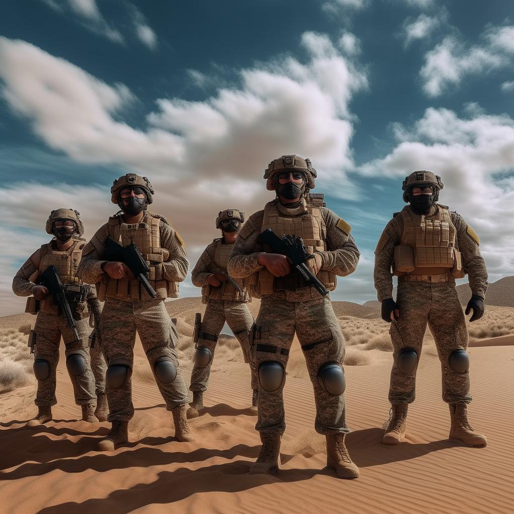 A group of Mexican Special Forces soldiers in full tactical gear, amidst a desert under an azure sky with voluminous clouds. Their expressions hold the intense determination of their mission.