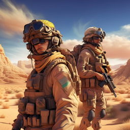 Anime rendition of Mexican Special Forces soldiers with stylized outfits, embedded in dramatic desert backdrop. They have typical anime attributes like vibrant hair colors, intense eyes, and a spirit of unyielding resolve.