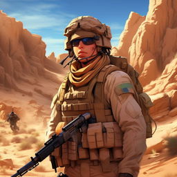 Anime rendition of Mexican Special Forces soldiers with stylized outfits, embedded in dramatic desert backdrop. They have typical anime attributes like vibrant hair colors, intense eyes, and a spirit of unyielding resolve.