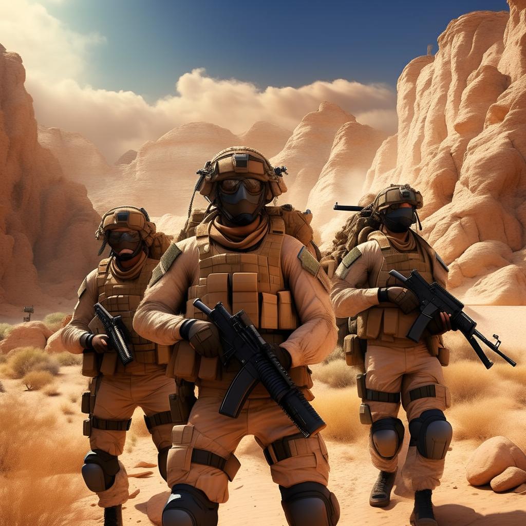 Anime rendition of Mexican Special Forces soldiers with stylized outfits, embedded in dramatic desert backdrop. They have typical anime attributes like vibrant hair colors, intense eyes, and a spirit of unyielding resolve.