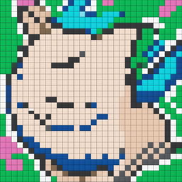 A 32x32 pixel art image depicting Snorlax from Pokemon with a blue top, cream belly, black eyes, and claws