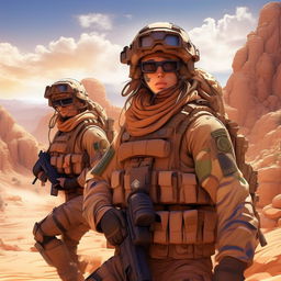 Anime rendition of Mexican Special Forces soldiers with stylized outfits, embedded in dramatic desert backdrop. They have typical anime attributes like vibrant hair colors, intense eyes, and a spirit of unyielding resolve.