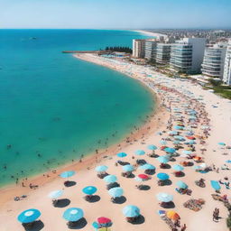 A panoramic view of Mersin beach and sea, showcasing the clear turquoise water, sandy beach with scattered colorful umbrellas, beachgoers enjoying the sun, and distant horizon