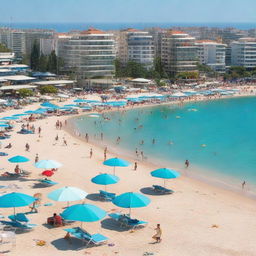 A panoramic view of Mersin beach and sea, showcasing the clear turquoise water, sandy beach with scattered colorful umbrellas, beachgoers enjoying the sun, and distant horizon