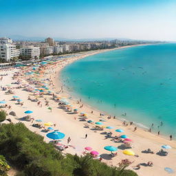 A panoramic view of Mersin beach and sea, showcasing the clear turquoise water, sandy beach with scattered colorful umbrellas, beachgoers enjoying the sun, and distant horizon