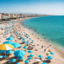 A panoramic view of Mersin beach and sea, showcasing the clear turquoise water, sandy beach with scattered colorful umbrellas, beachgoers enjoying the sun, and distant horizon