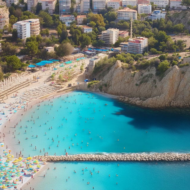 A panoramic view of Mersin beach and sea, showcasing the clear turquoise water, sandy beach crowded with colorful umbrellas, people basking in the sun, and a distant horizon merging with the deep blue sea