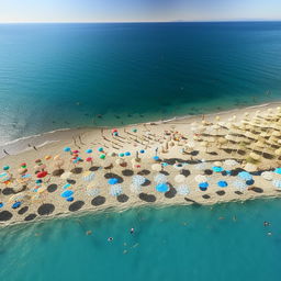 A panoramic view of Mersin beach and sea, showcasing the clear turquoise water, sandy beach crowded with colorful umbrellas, people basking in the sun, and a distant horizon merging with the deep blue sea