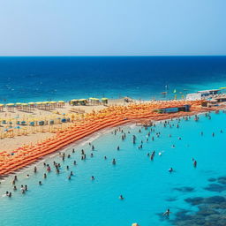 A panoramic view of Mersin beach and sea, showcasing the clear turquoise water, sandy beach crowded with colorful umbrellas, people basking in the sun, and a distant horizon merging with the deep blue sea