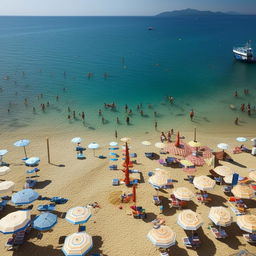 A panoramic view of Mersin beach and sea, showcasing the clear turquoise water, sandy beach crowded with colorful umbrellas, people basking in the sun, and a distant horizon merging with the deep blue sea