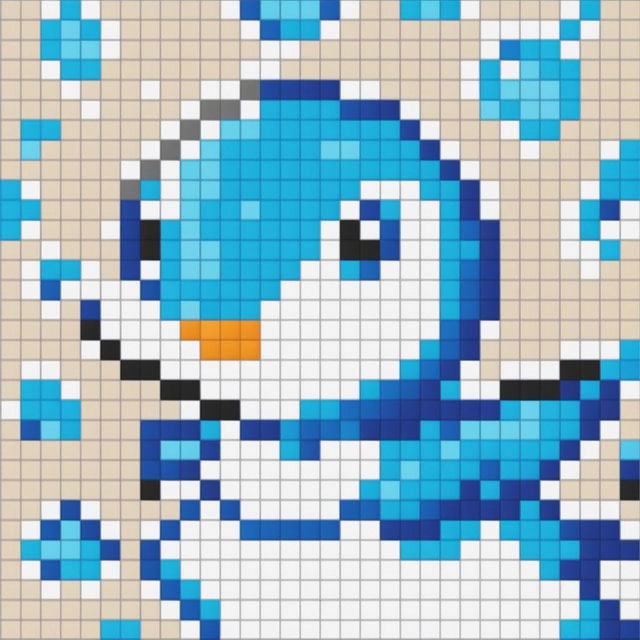 A 32x32 pixel art image of a whimsical bubble penguin in vibrant blue and white