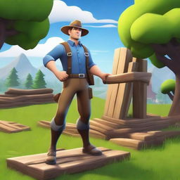 Create a digital art image of a Fortnite styled character dressed as a farmer, actively engaged in building