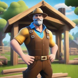 Create a digital art image of a Fortnite styled character dressed as a farmer, actively engaged in building