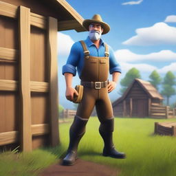 Create a digital art image of a Fortnite styled character dressed as a farmer, actively engaged in building