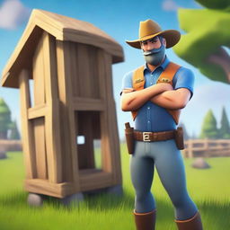 Create a digital art image of a Fortnite styled character dressed as a farmer, actively engaged in building