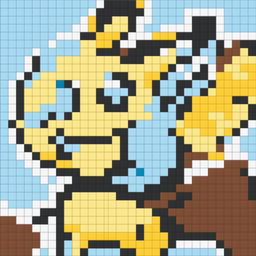 A 32x32 pixel art image of the Pokemon character Pichu, set against a light blue background