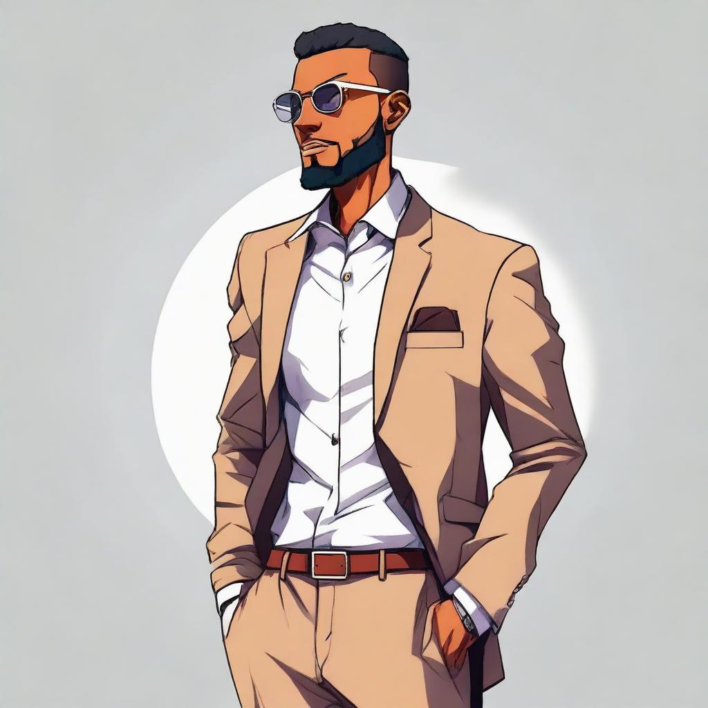 Anime character design of a Muslim man confidently walking, hands casually resting in the pockets of his stylish blazer.