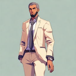 Anime character design of a Muslim man confidently walking, hands casually resting in the pockets of his stylish blazer.