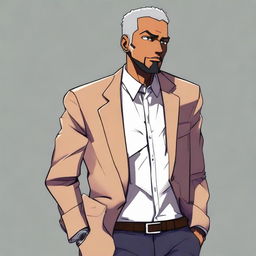 Anime character design of a Muslim man confidently walking, hands casually resting in the pockets of his stylish blazer.