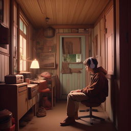 Character listening to a nostalgic song in a simple, 1990s-style house radiating feelings of nostalgia.