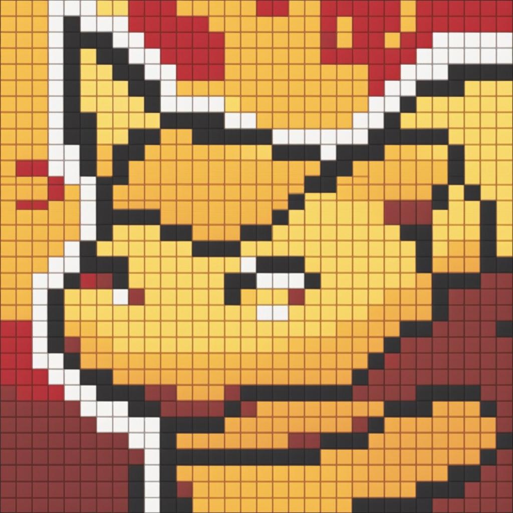 A 32x32 pixel art digital image featuring a simplified and abstract design of a yellow and white cat lying down against a warm sunset background