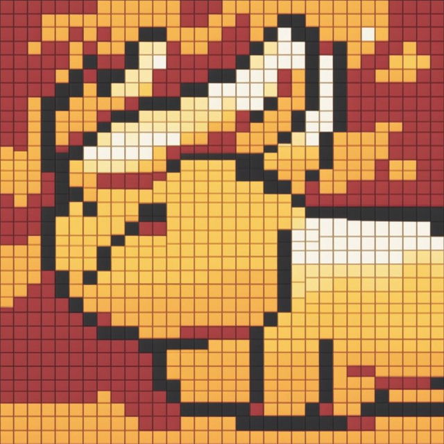 A 32x32 pixel art digital image featuring a simplified and abstract design of a yellow and white cat lying down against a warm sunset background