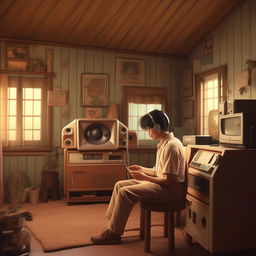 Character listening to a nostalgic song in a simple, 1990s-style house radiating feelings of nostalgia.