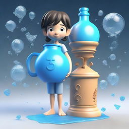 A three-dimensional rendering of a young boy character inspired by the Aquarius zodiac sign, complete with a water jug and symbols of air and water.