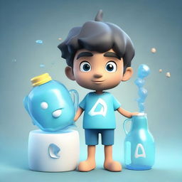 A three-dimensional rendering of a young boy character inspired by the Aquarius zodiac sign, complete with a water jug and symbols of air and water.