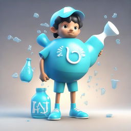 A three-dimensional rendering of a young boy character inspired by the Aquarius zodiac sign, complete with a water jug and symbols of air and water.