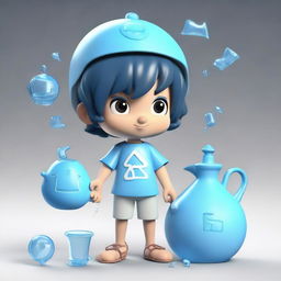 A three-dimensional rendering of a young boy character inspired by the Aquarius zodiac sign, complete with a water jug and symbols of air and water.