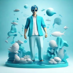 A three-dimensional representation of a stylish young guy imbued with symbols of water and sea life, radiating a cool, aqua vibe.