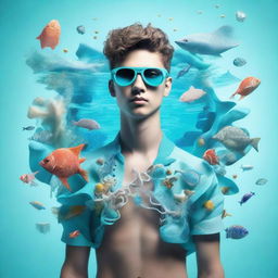 A three-dimensional representation of a stylish young guy imbued with symbols of water and sea life, radiating a cool, aqua vibe.