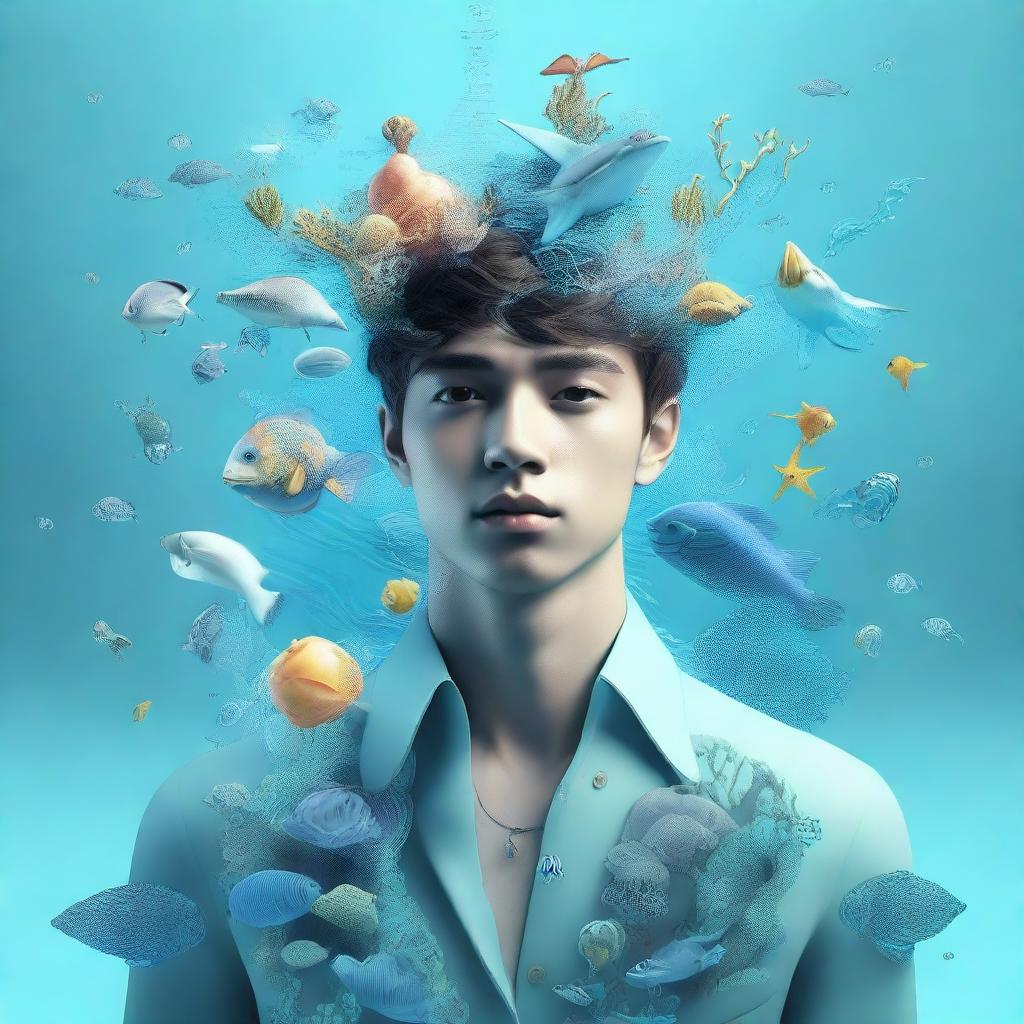 A three-dimensional representation of a stylish young guy imbued with symbols of water and sea life, radiating a cool, aqua vibe.