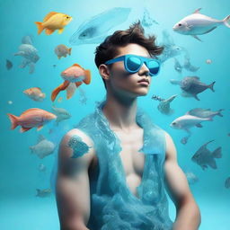 A three-dimensional representation of a stylish young guy imbued with symbols of water and sea life, radiating a cool, aqua vibe.