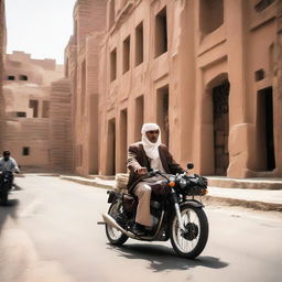 A Yemeni individual on a motorcycle, navigating the labyrinthine streets of Old Sanaa, lined with multistory buildings of rammed earth bricks.