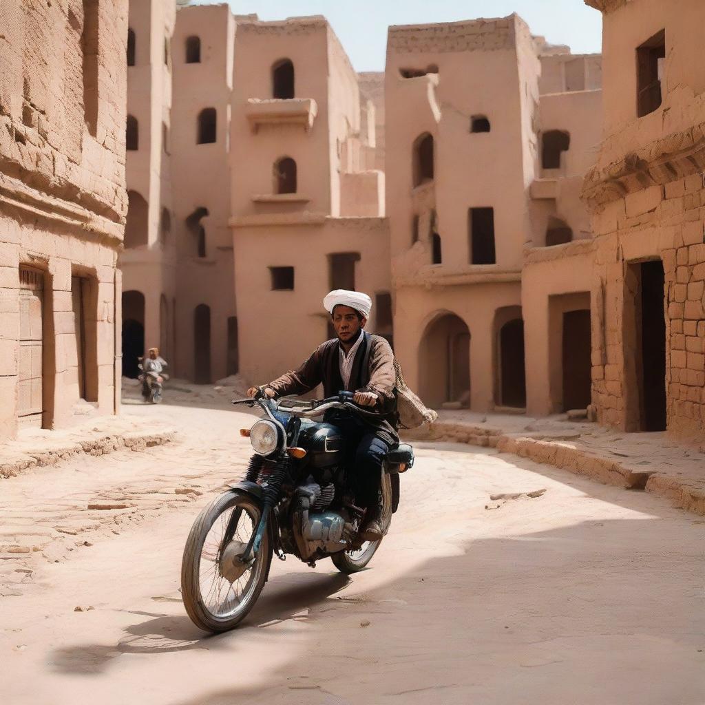 A Yemeni individual on a motorcycle, navigating the labyrinthine streets of Old Sanaa, lined with multistory buildings of rammed earth bricks.