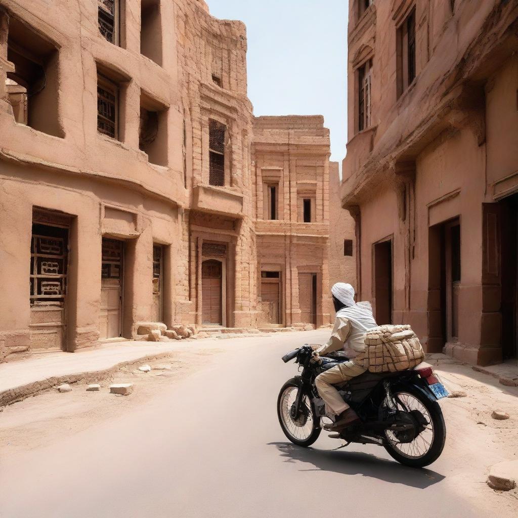 A Yemeni individual on a motorcycle, navigating the labyrinthine streets of Old Sanaa, lined with multistory buildings of rammed earth bricks.