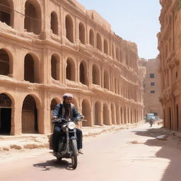 A Yemeni individual on a motorcycle, navigating the labyrinthine streets of Old Sanaa, lined with multistory buildings of rammed earth bricks.