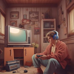 Character holding a PS2 controller, listening to a nostalgic song in a simple, nostalgic 1990s-style house.